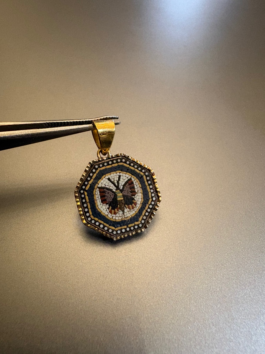 19th Century: Micro-mosaic Pomponne Pendant, Ram In 750/1000 Yellow Gold-photo-2