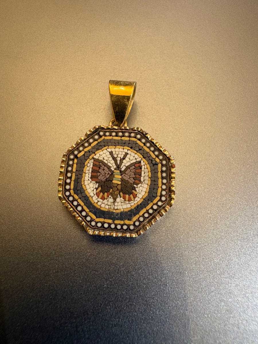19th Century: Micro-mosaic Pomponne Pendant, Ram In 750/1000 Yellow Gold-photo-3