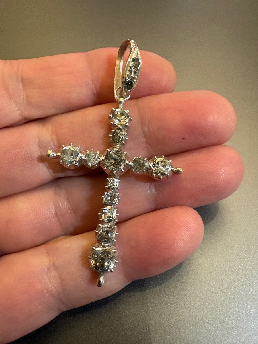 19th Century: Antique Silver Cross (800/1000) With Ring Stones.-photo-2