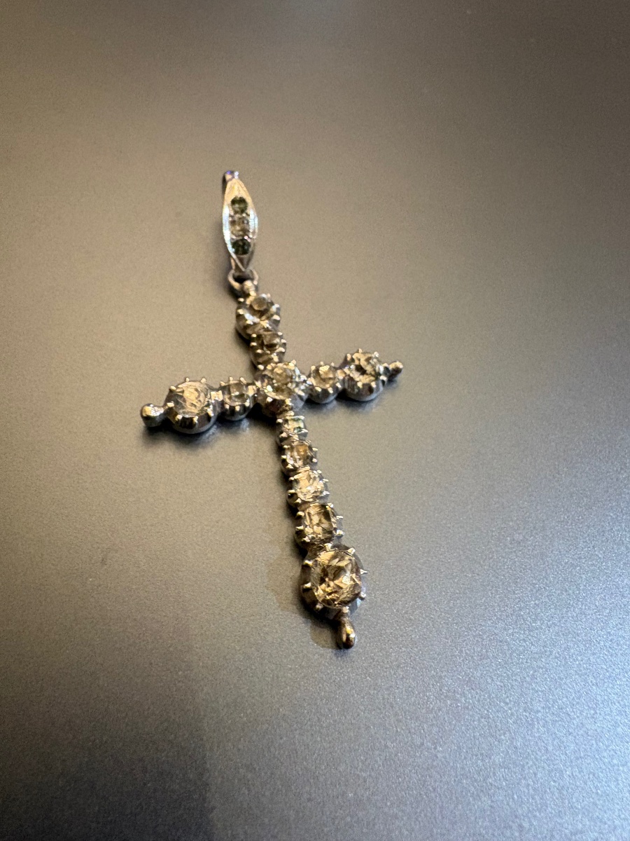 19th Century: Antique Silver Cross (800/1000) With Ring Stones.-photo-4