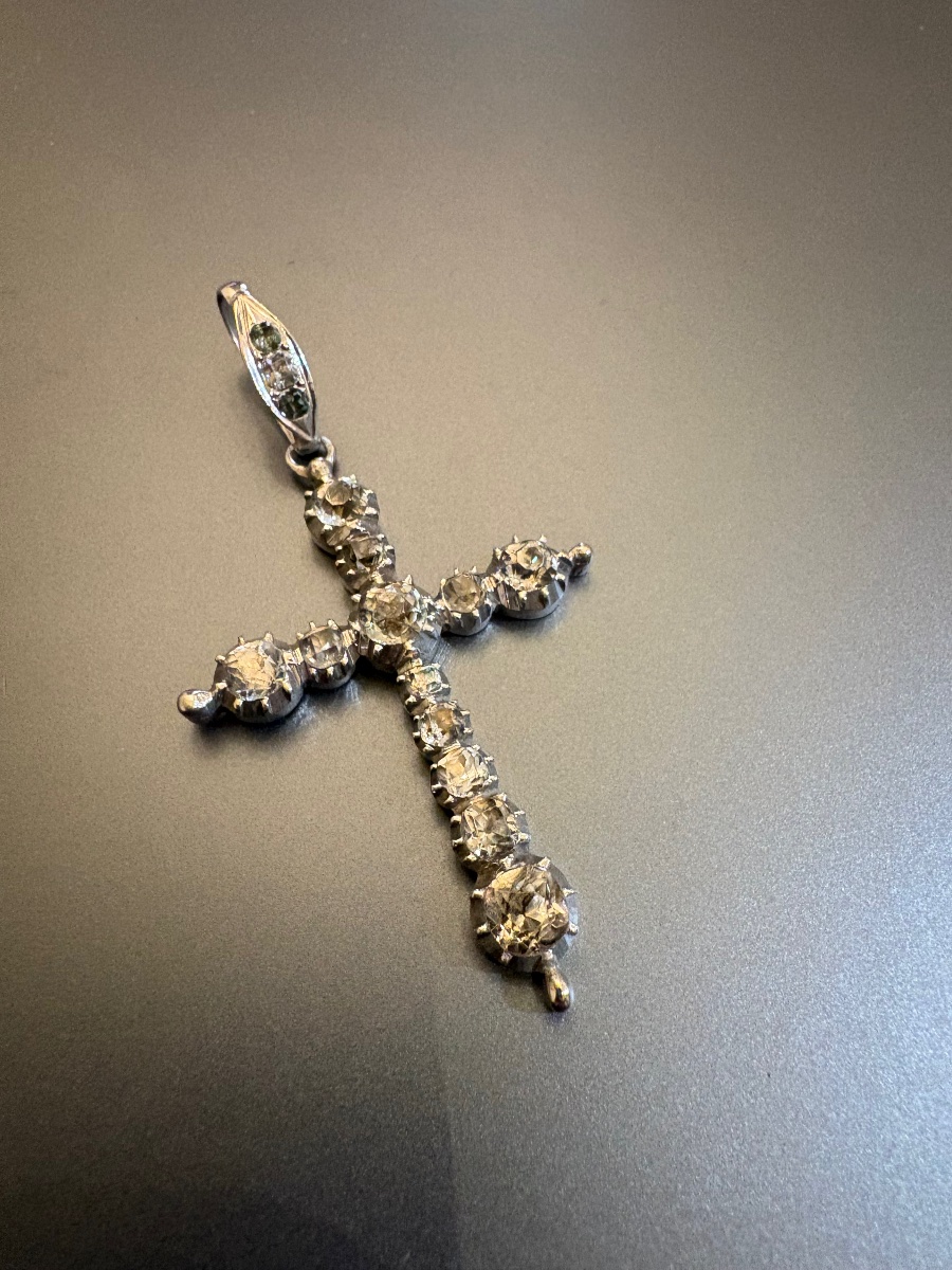 19th Century: Antique Silver Cross (800/1000) With Ring Stones.-photo-1