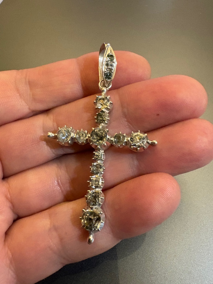 19th Century: Antique Silver Cross (800/1000) With Ring Stones.-photo-2