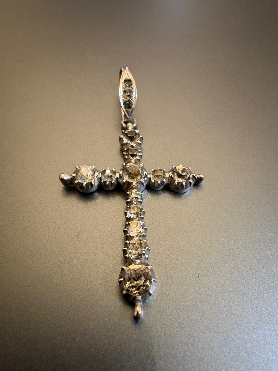 19th Century: Antique Silver Cross (800/1000) With Ring Stones.-photo-3