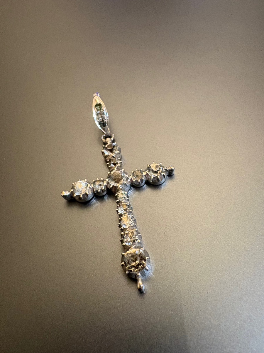 19th Century: Antique Silver Cross (800/1000) With Ring Stones.-photo-4