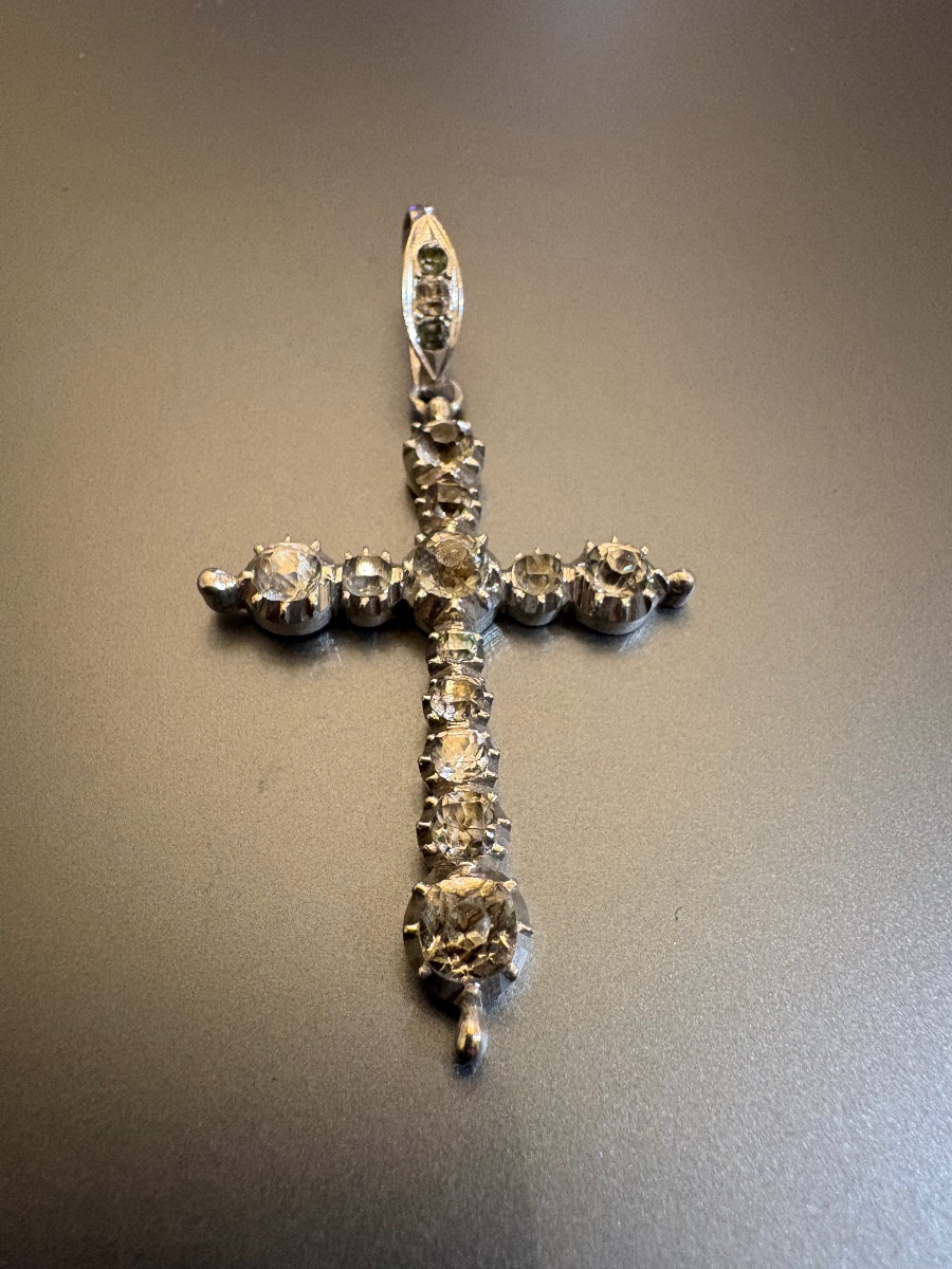 19th Century: Antique Silver Cross (800/1000) With Ring Stones.-photo-5