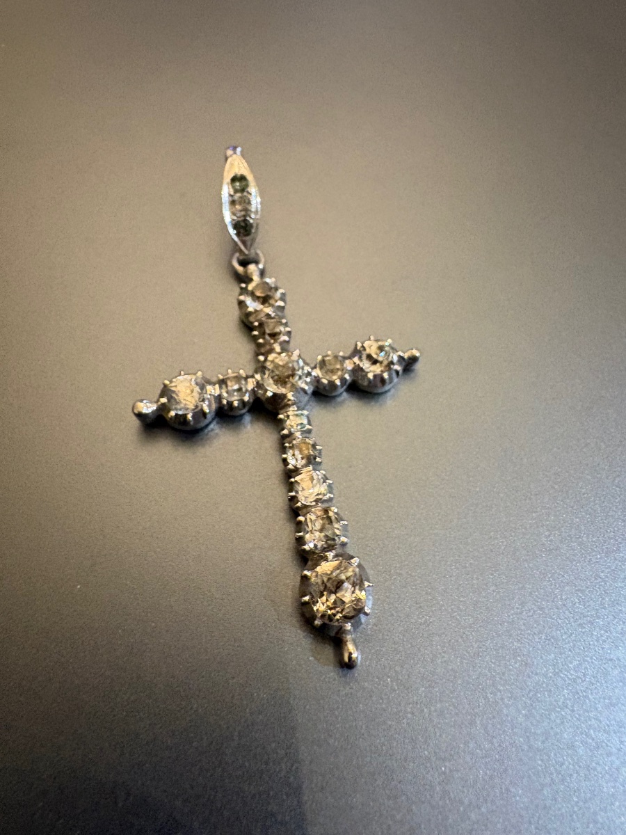 19th Century: Antique Silver Cross (800/1000) With Ring Stones.-photo-6