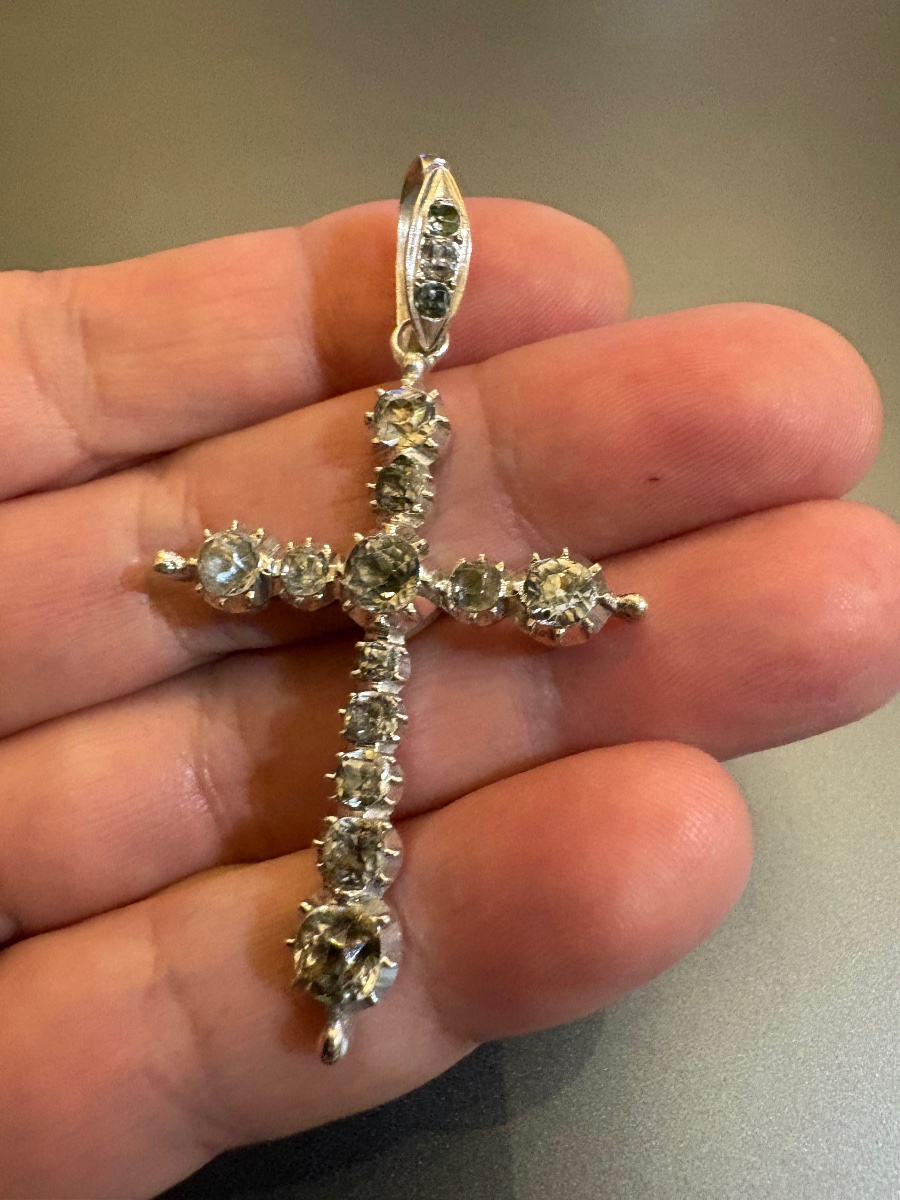 19th Century: Antique Silver Cross (800/1000) With Ring Stones.-photo-7
