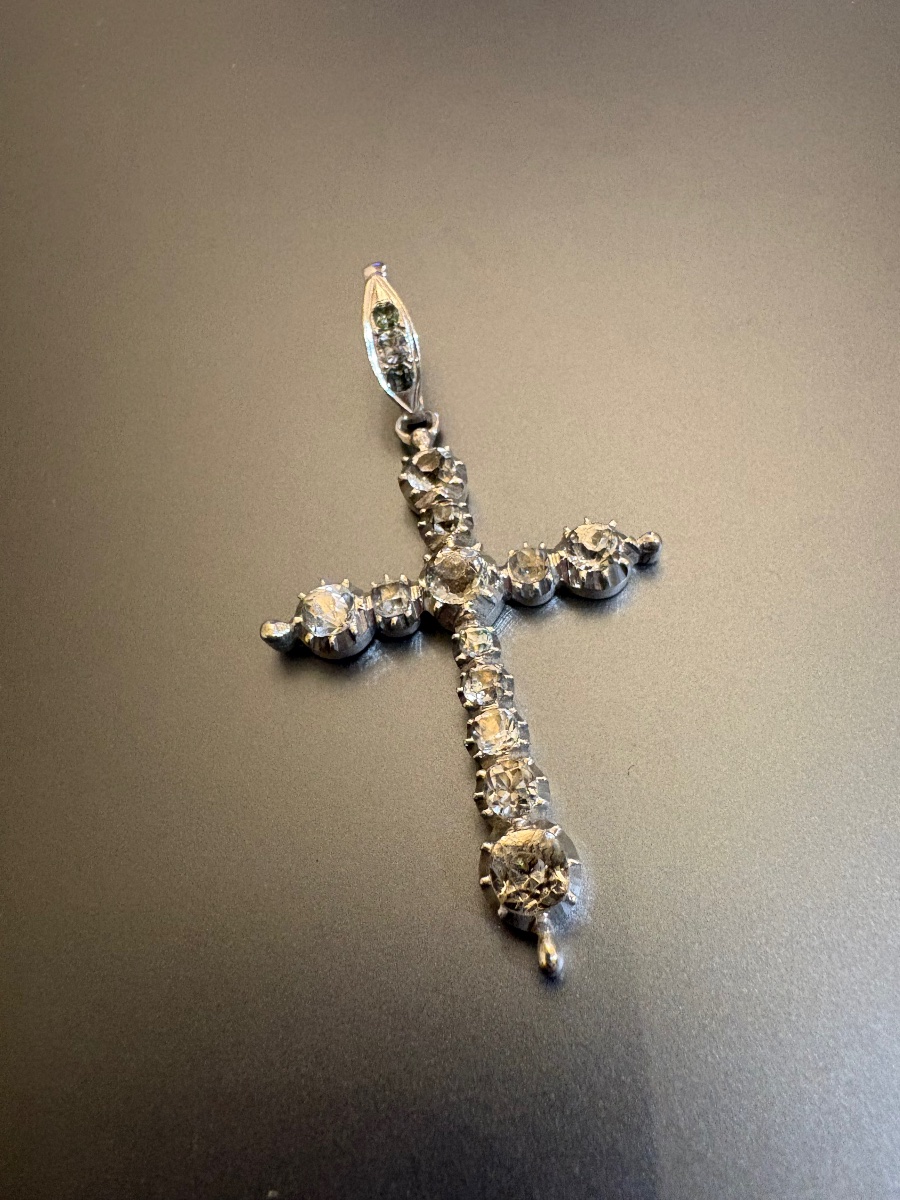 19th Century: Antique Silver Cross (800/1000) With Ring Stones.