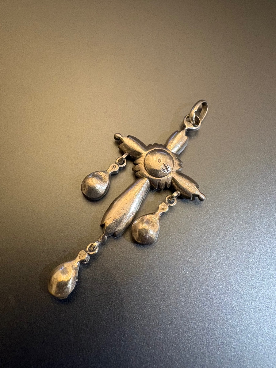 19th Century: Cross Pendant Made Of 800/1000 Silver With Ring Stones.-photo-3