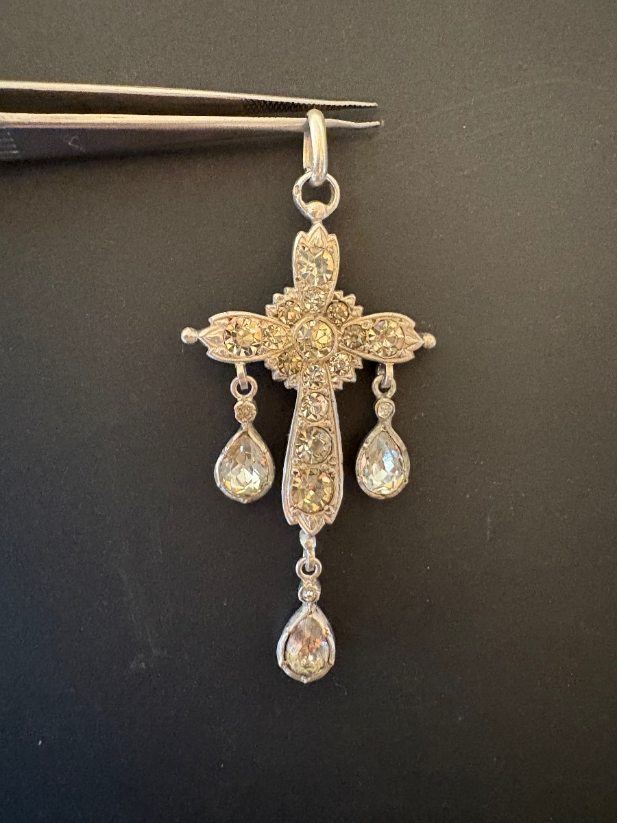 19th Century: Cross Pendant Made Of 800/1000 Silver With Ring Stones.-photo-2