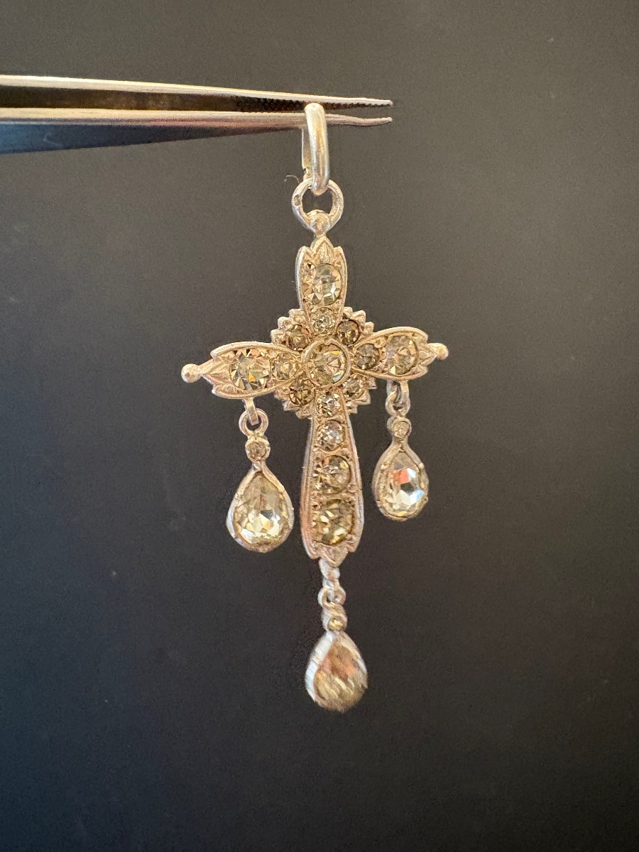 19th Century: Cross Pendant Made Of 800/1000 Silver With Ring Stones.