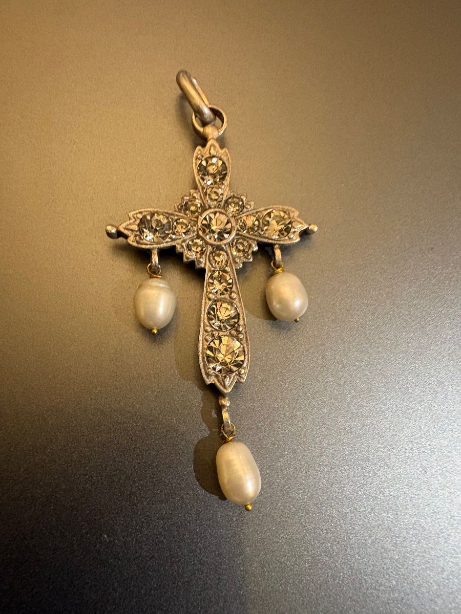 Vintage Silver Cross Pendant With Pearls And Gemstones.-photo-2