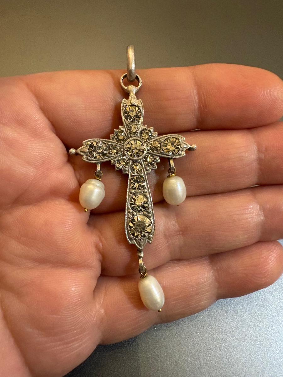 Vintage Silver Cross Pendant With Pearls And Gemstones.-photo-3