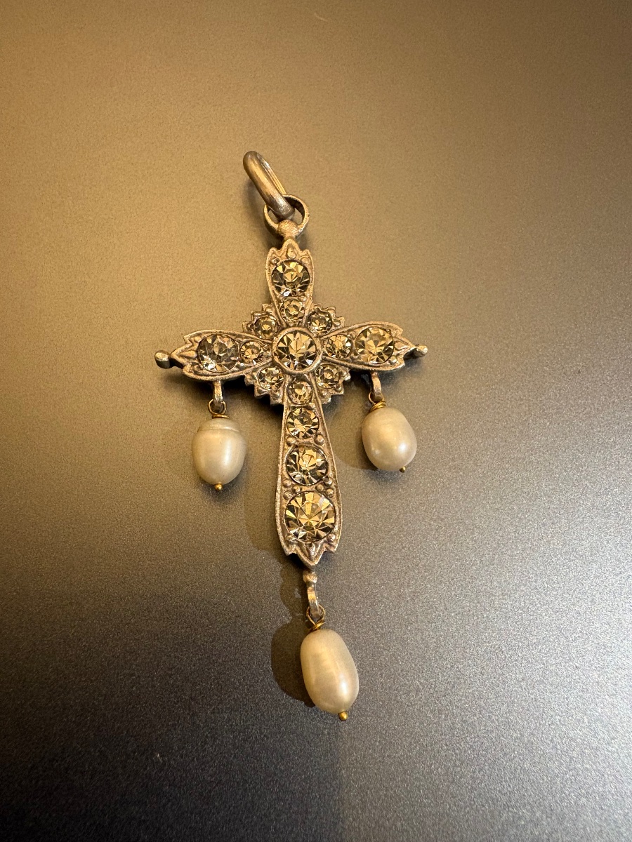 Vintage Silver Cross Pendant With Pearls And Gemstones.-photo-4