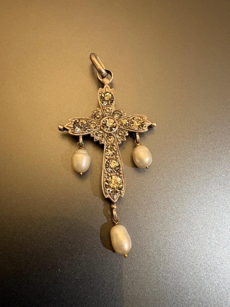 Vintage Silver Cross Pendant With Pearls And Gemstones.-photo-2