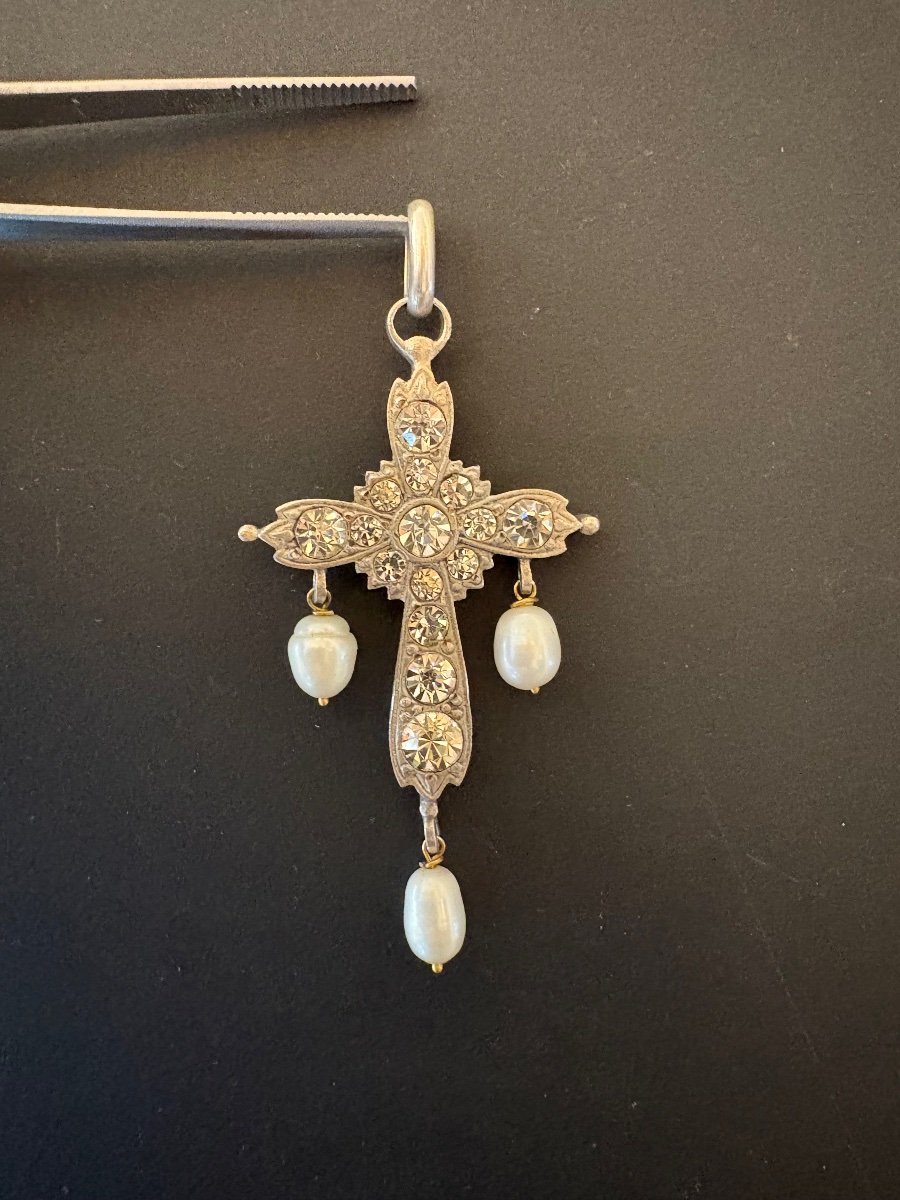 Vintage Silver Cross Pendant With Pearls And Gemstones.-photo-3