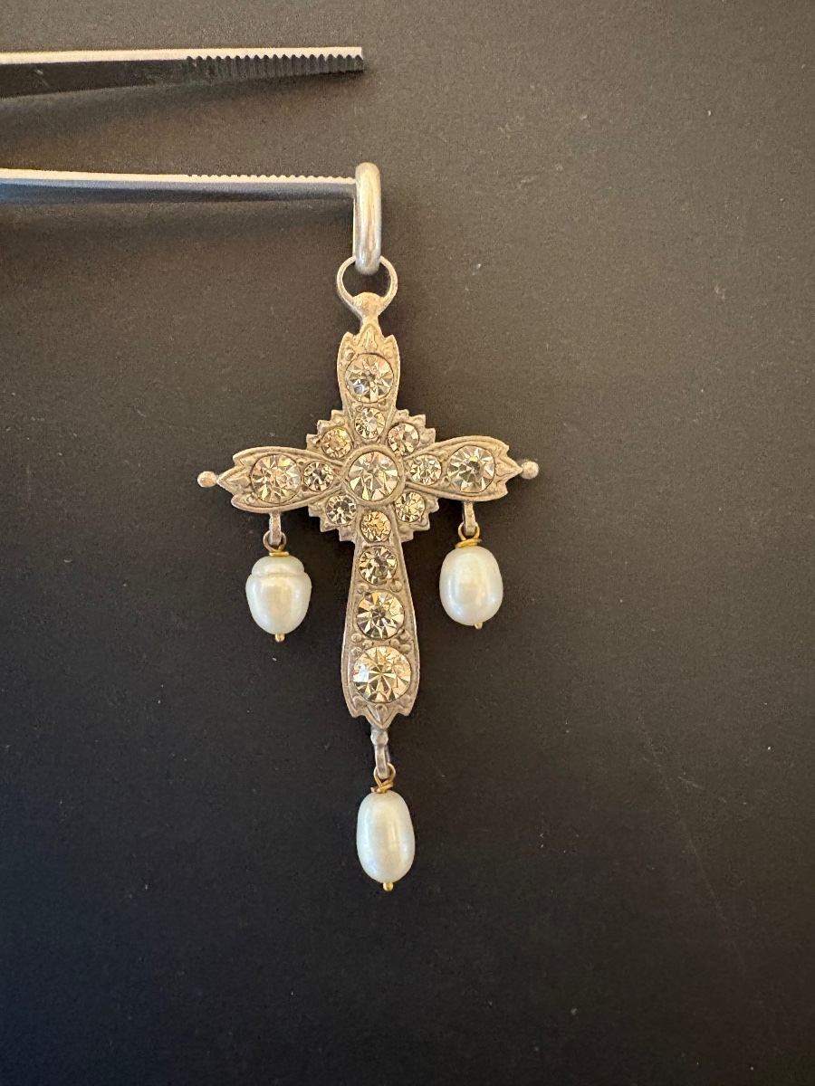 Vintage Silver Cross Pendant With Pearls And Gemstones.-photo-4