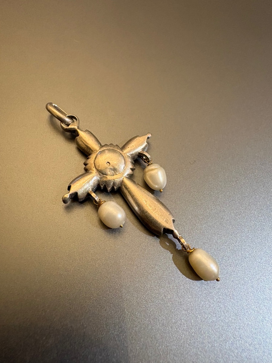 Vintage Silver Cross Pendant With Pearls And Gemstones.-photo-5