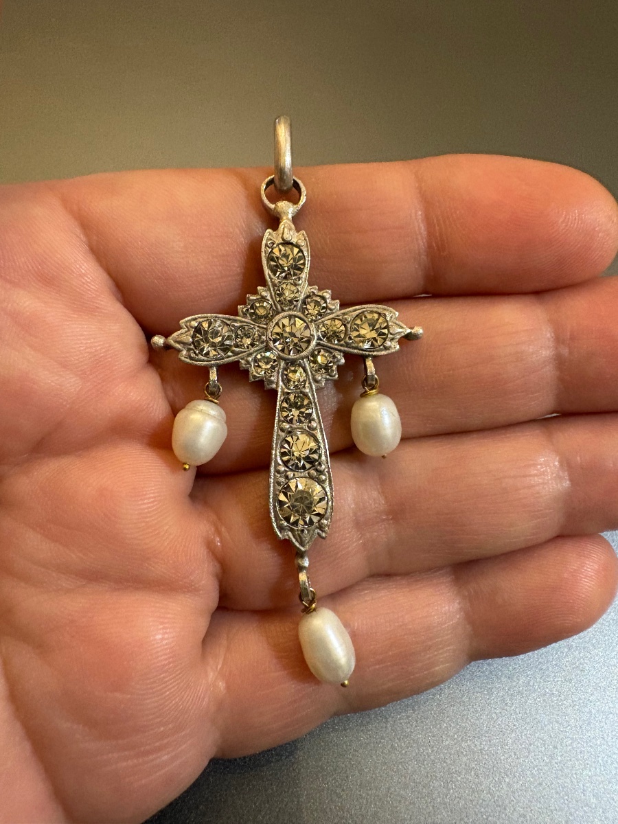 Vintage Silver Cross Pendant With Pearls And Gemstones.-photo-6