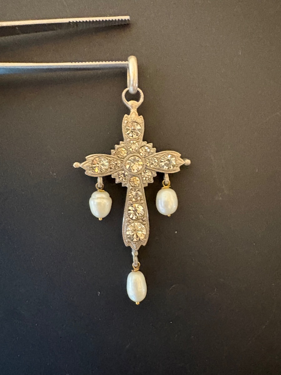 Vintage Silver Cross Pendant With Pearls And Gemstones.