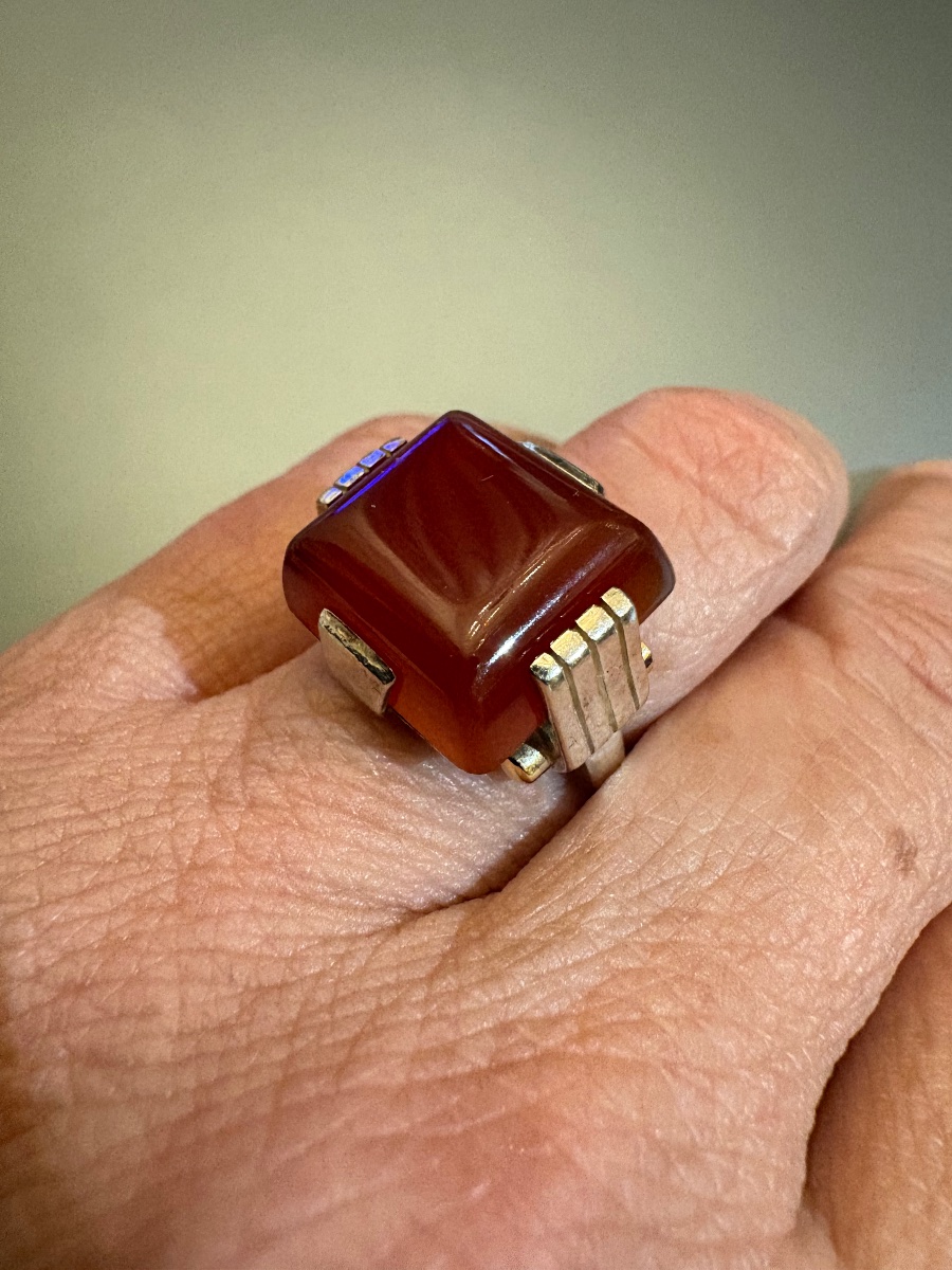Vintage Art Deco Ring In 800/1000 Silver And Carnelian-photo-4