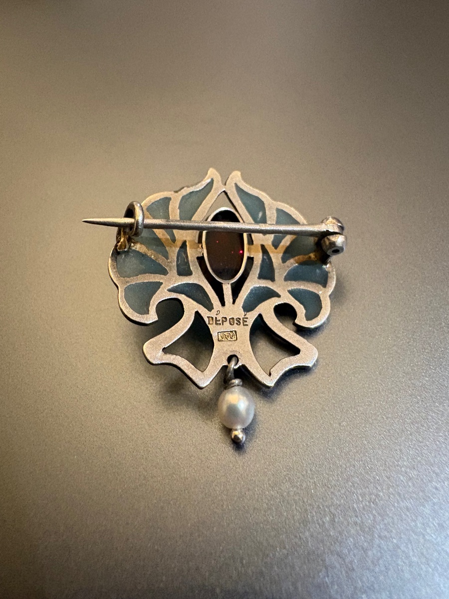 Art Nouveau: Silver Brooch, Openwork Plique, Garnet, And Fine Pearl.-photo-3