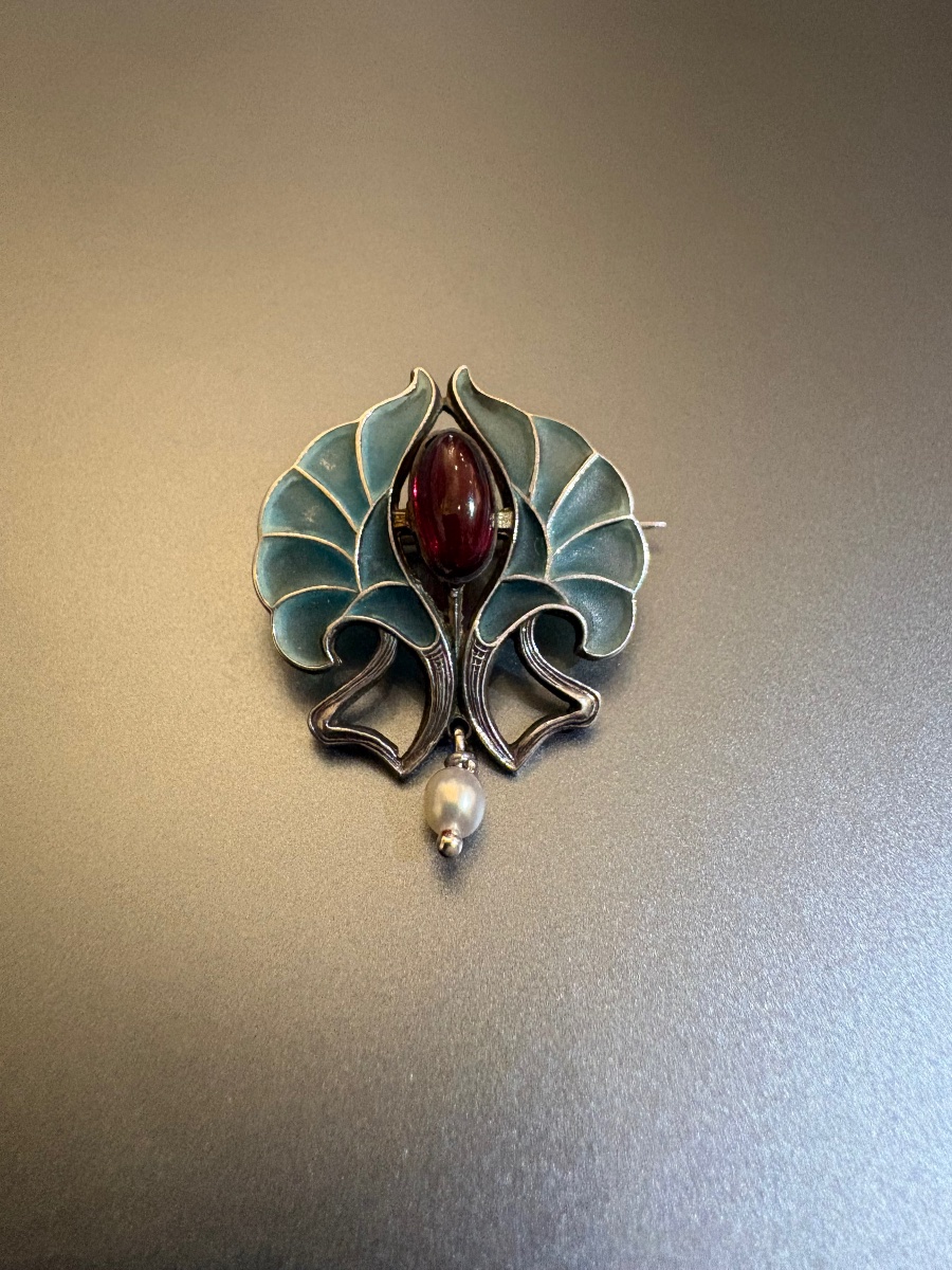 Art Nouveau: Silver Brooch, Openwork Plique, Garnet, And Fine Pearl.-photo-4