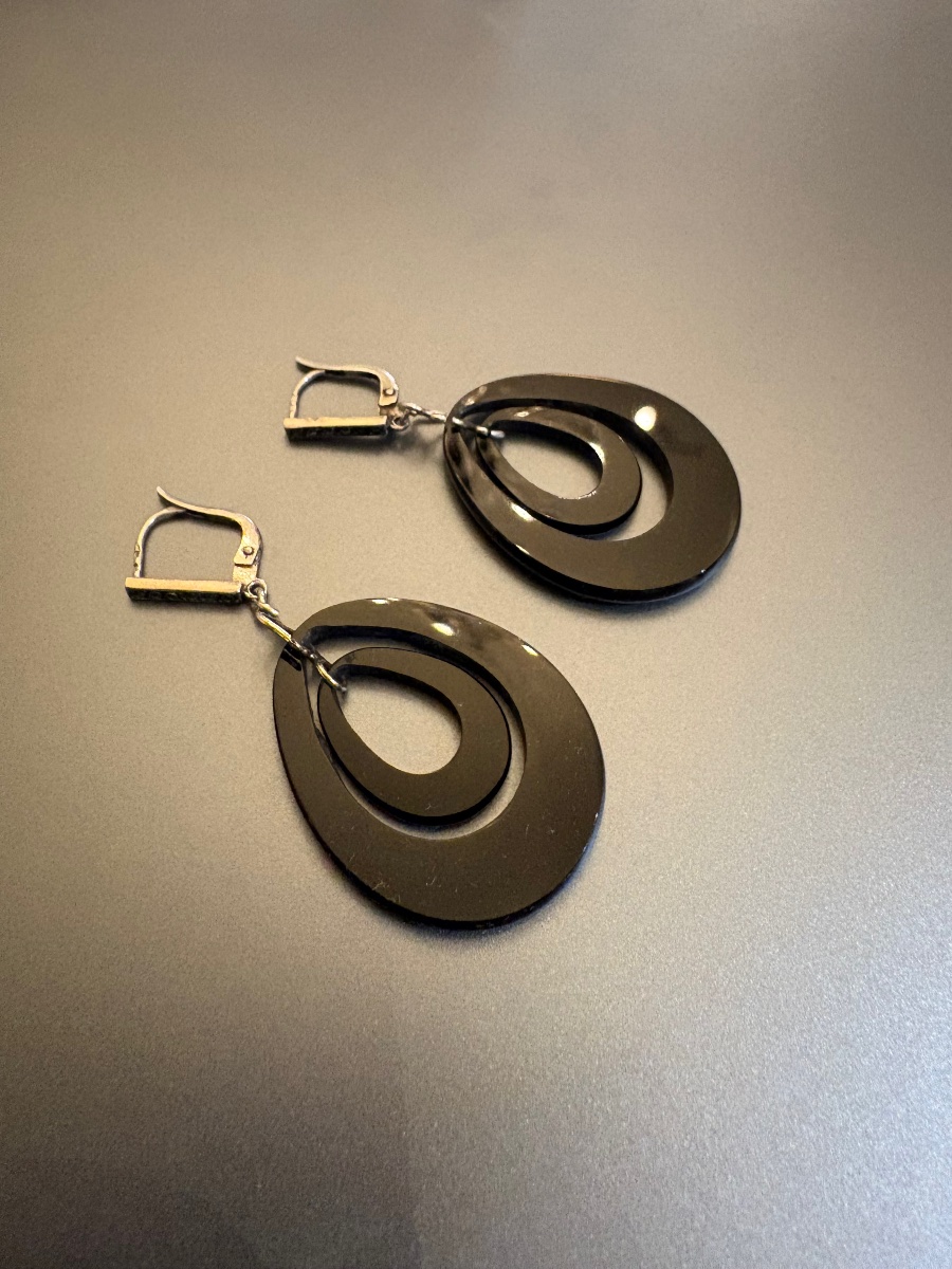 Art Deco: Pair Of 800/1000 Silver Hoop Earrings With Marcasite And Bakelite.-photo-4