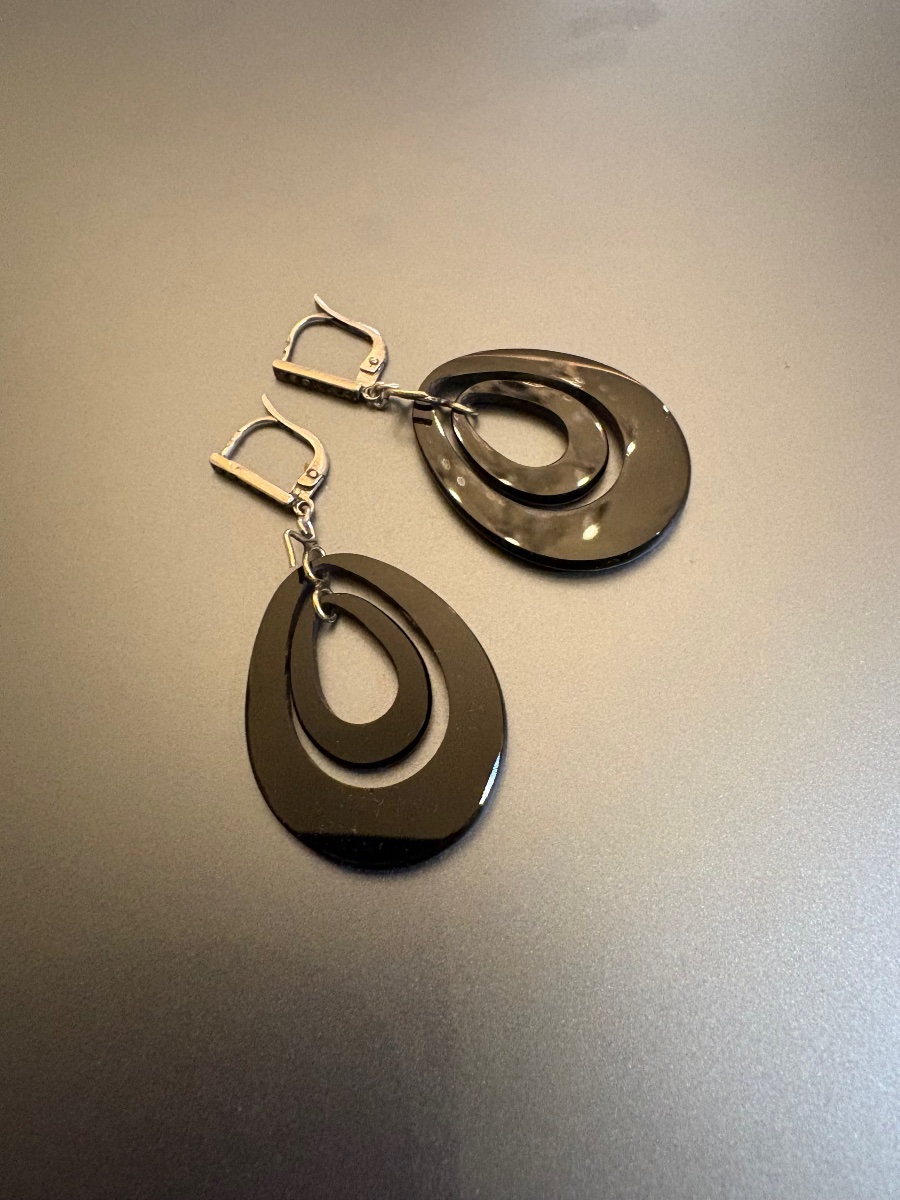 Art Deco: Pair Of 800/1000 Silver Hoop Earrings With Marcasite And Bakelite.-photo-4
