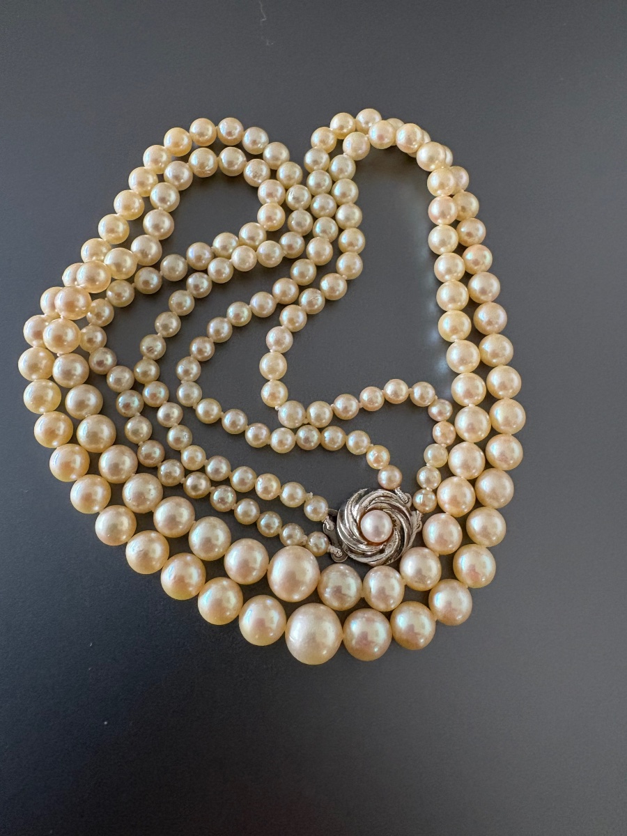 Collier double range de perles de culture Akoya, fermoir argent min 800/1000 eme.-photo-2