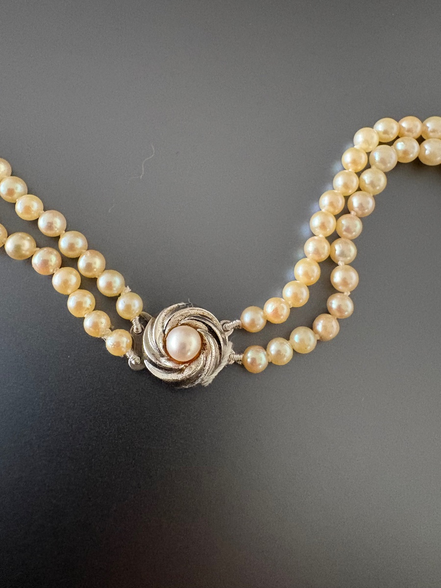 Collier double range de perles de culture Akoya, fermoir argent min 800/1000 eme.-photo-3