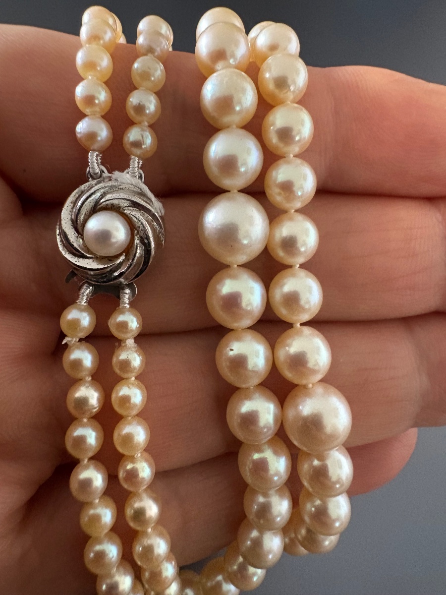 Collier double range de perles de culture Akoya, fermoir argent min 800/1000 eme.-photo-4