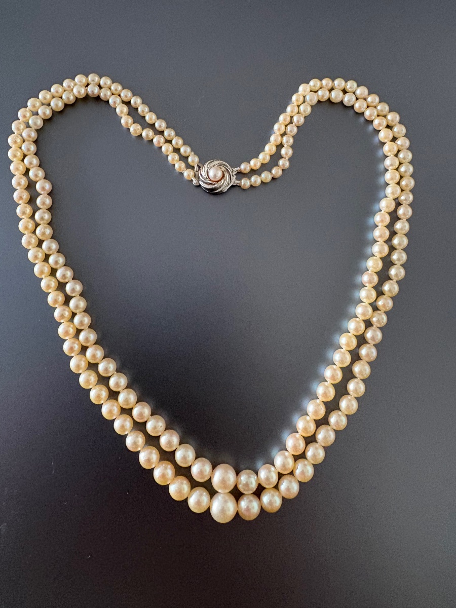 Collier double range de perles de culture Akoya, fermoir argent min 800/1000 eme.-photo-1
