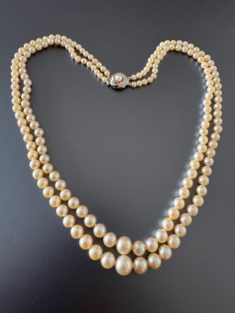 Collier double range de perles de culture Akoya, fermoir argent min 800/1000 eme.-photo-3