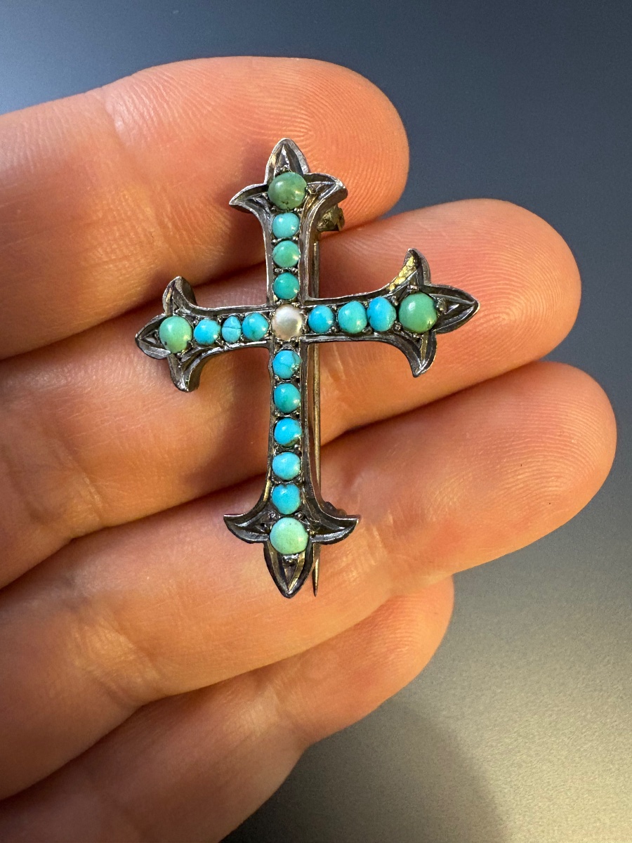 Ancienne broche en argent 800/1000, turquoises et perle fine.-photo-3