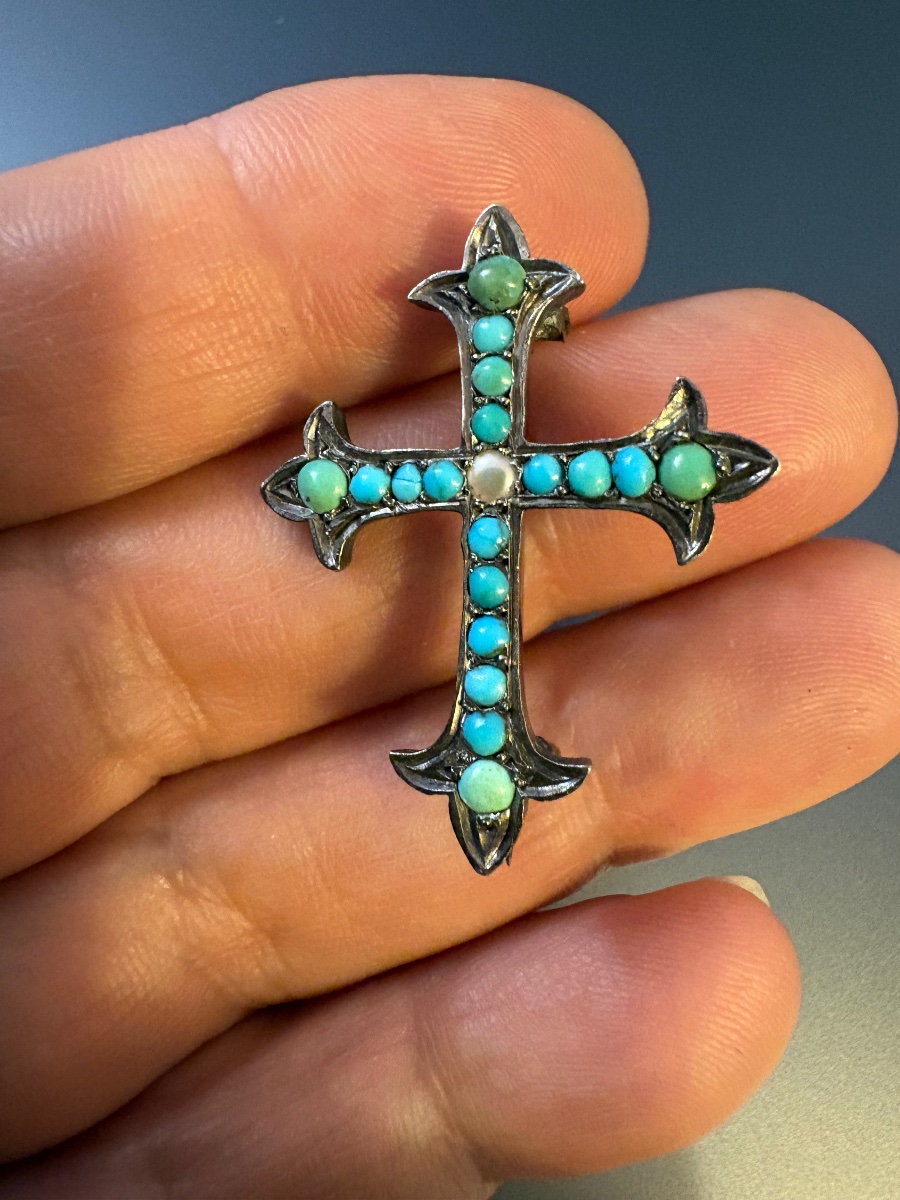 Ancienne broche en argent 800/1000, turquoises et perle fine.-photo-4
