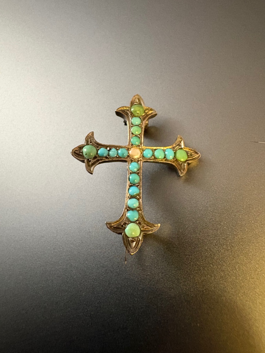 Ancienne broche en argent 800/1000, turquoises et perle fine.-photo-2