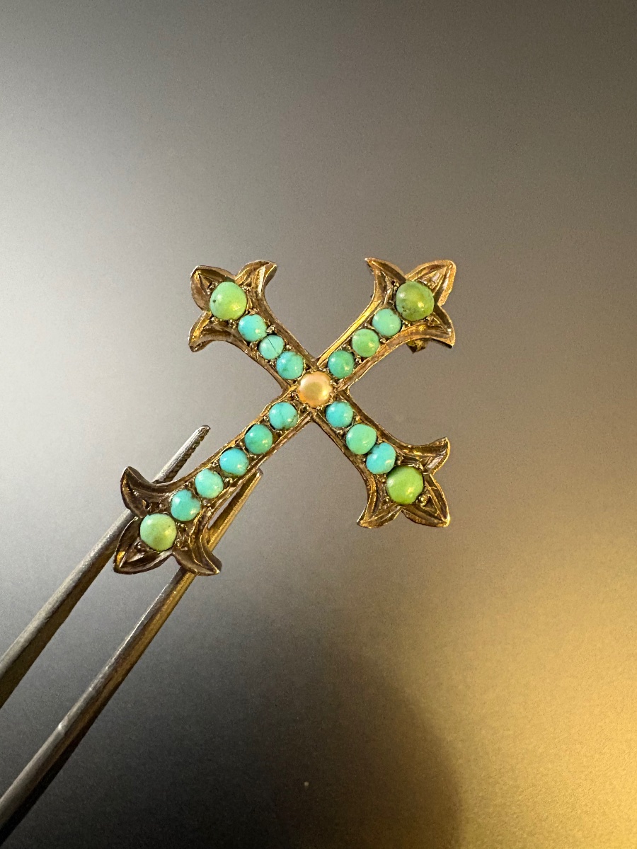 Ancienne broche en argent 800/1000, turquoises et perle fine.-photo-3