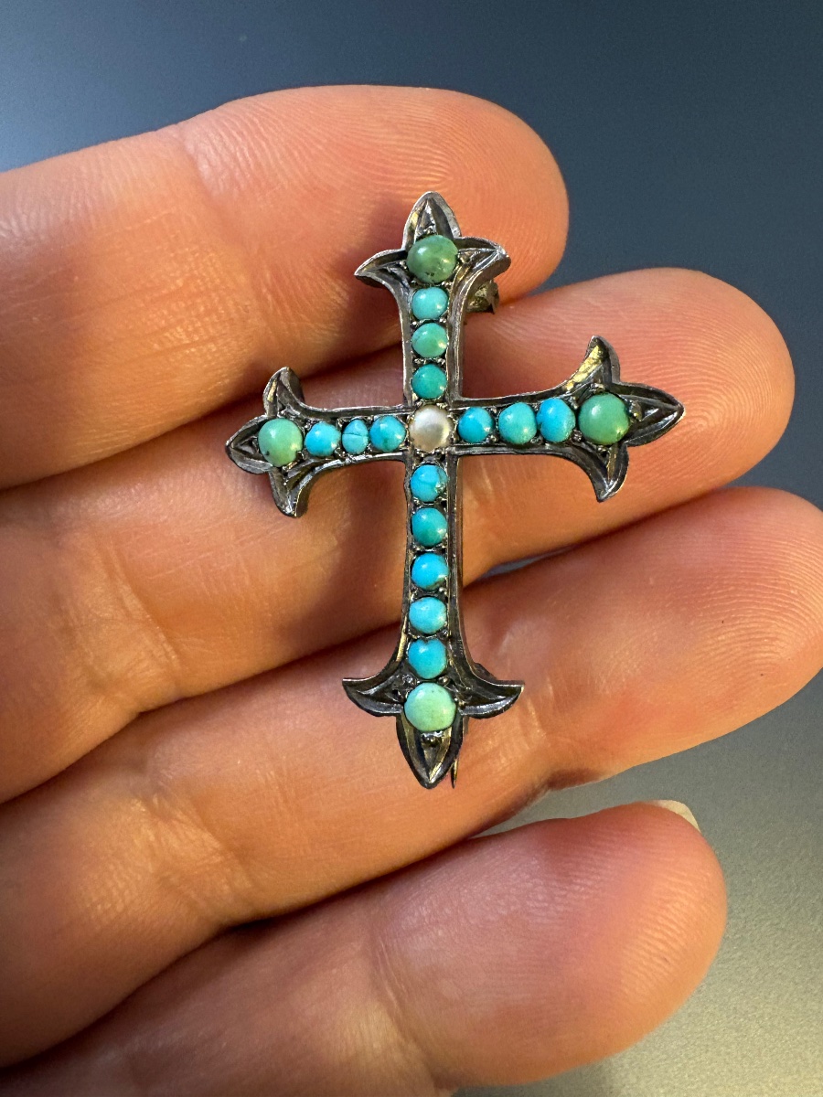 Ancienne broche en argent 800/1000, turquoises et perle fine.-photo-4