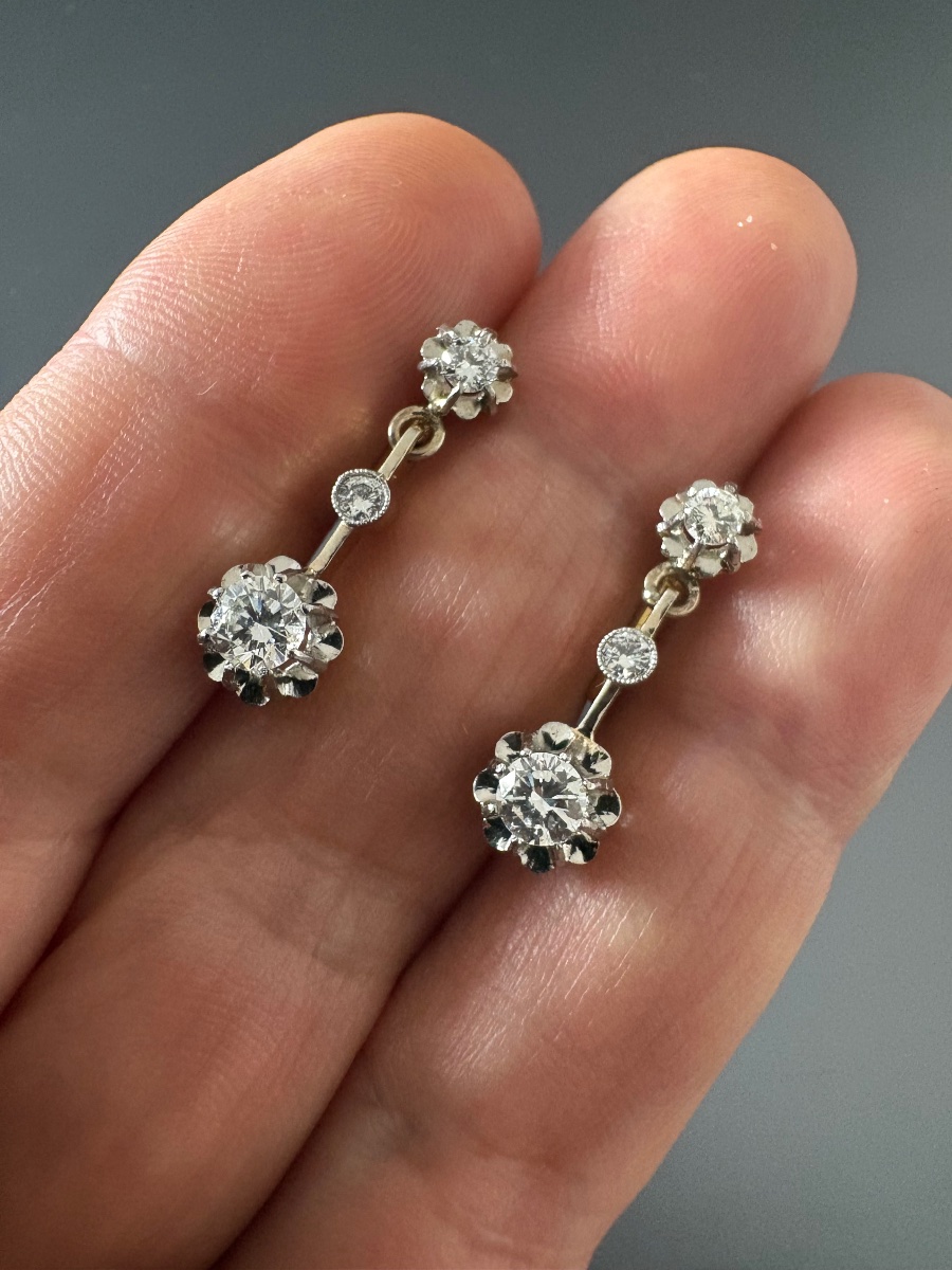 Antique Pair Of Hoop Earrings In 750/1000 Yellow Gold, 800/1000 Platinum, And Diamonds.-photo-2