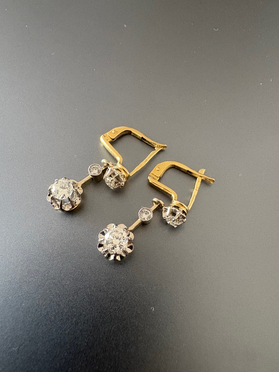 Antique Pair Of Hoop Earrings In 750/1000 Yellow Gold, 800/1000 Platinum, And Diamonds.-photo-4