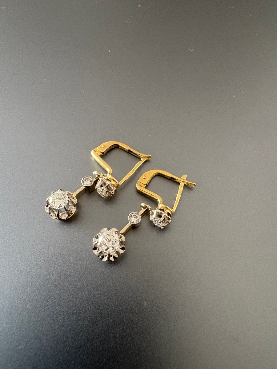 Antique Pair Of Hoop Earrings In 750/1000 Yellow Gold, 800/1000 Platinum, And Diamonds.-photo-1