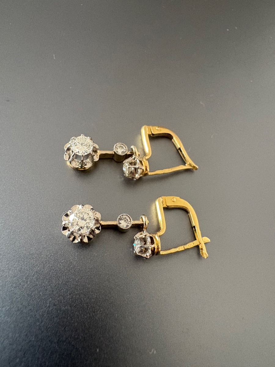 Antique Pair Of Hoop Earrings In 750/1000 Yellow Gold, 800/1000 Platinum, And Diamonds.