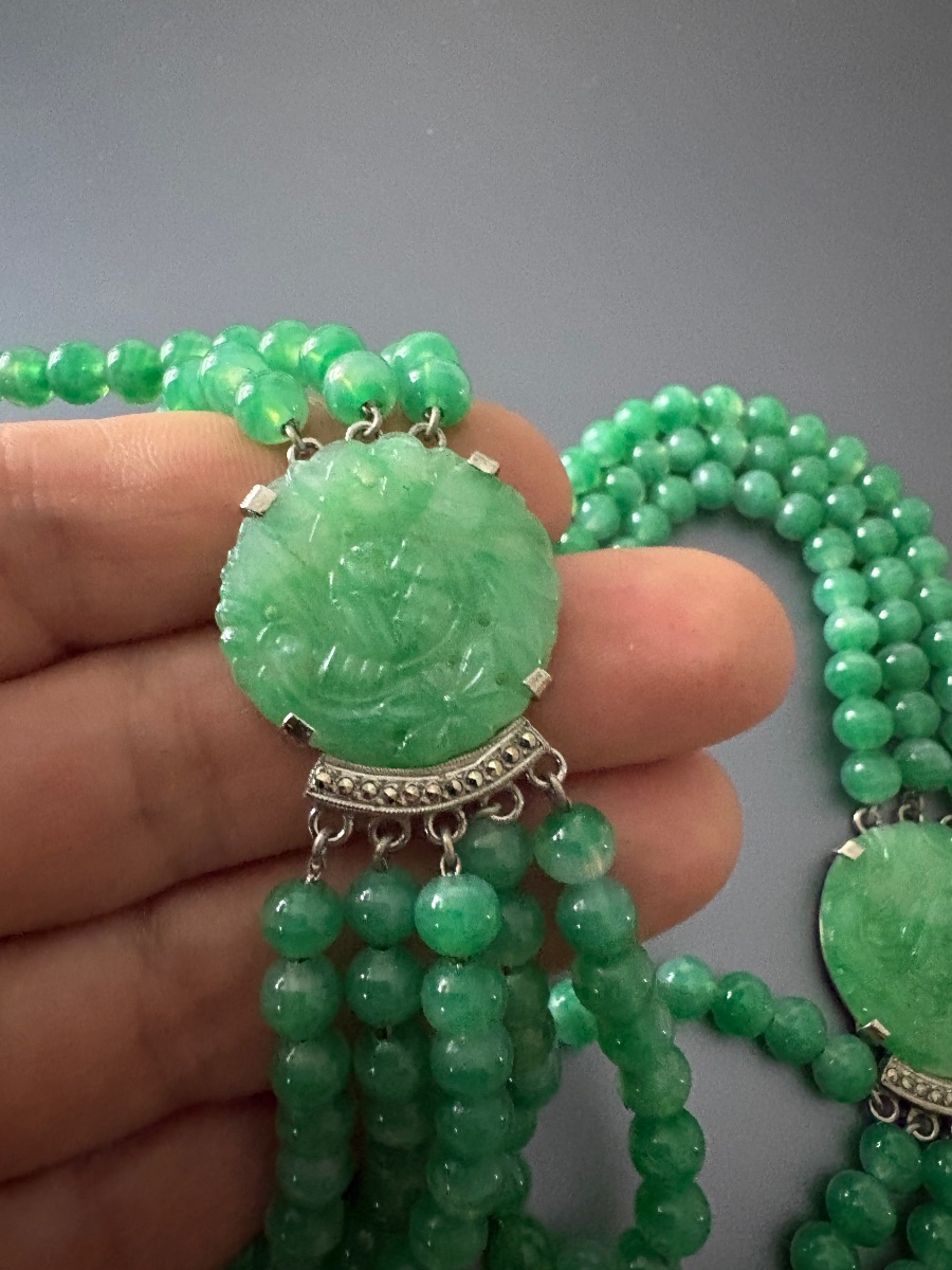 Collier style Art Déco en métal et verre jade de Pékin.-photo-3