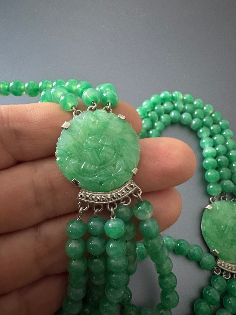 Collier style Art Déco en métal et verre jade de Pékin.-photo-4