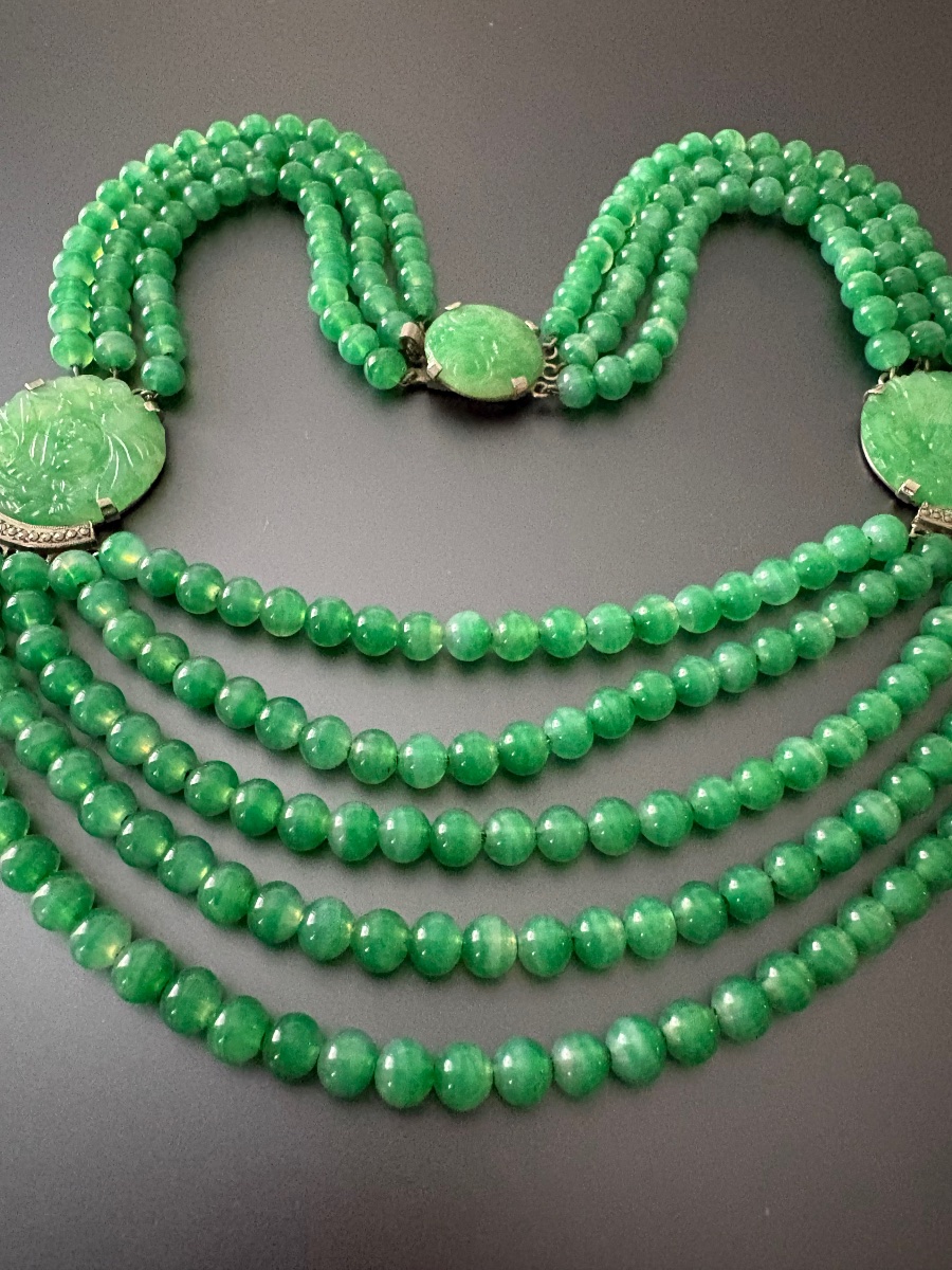 Collier style Art Déco en métal et verre jade de Pékin.-photo-2