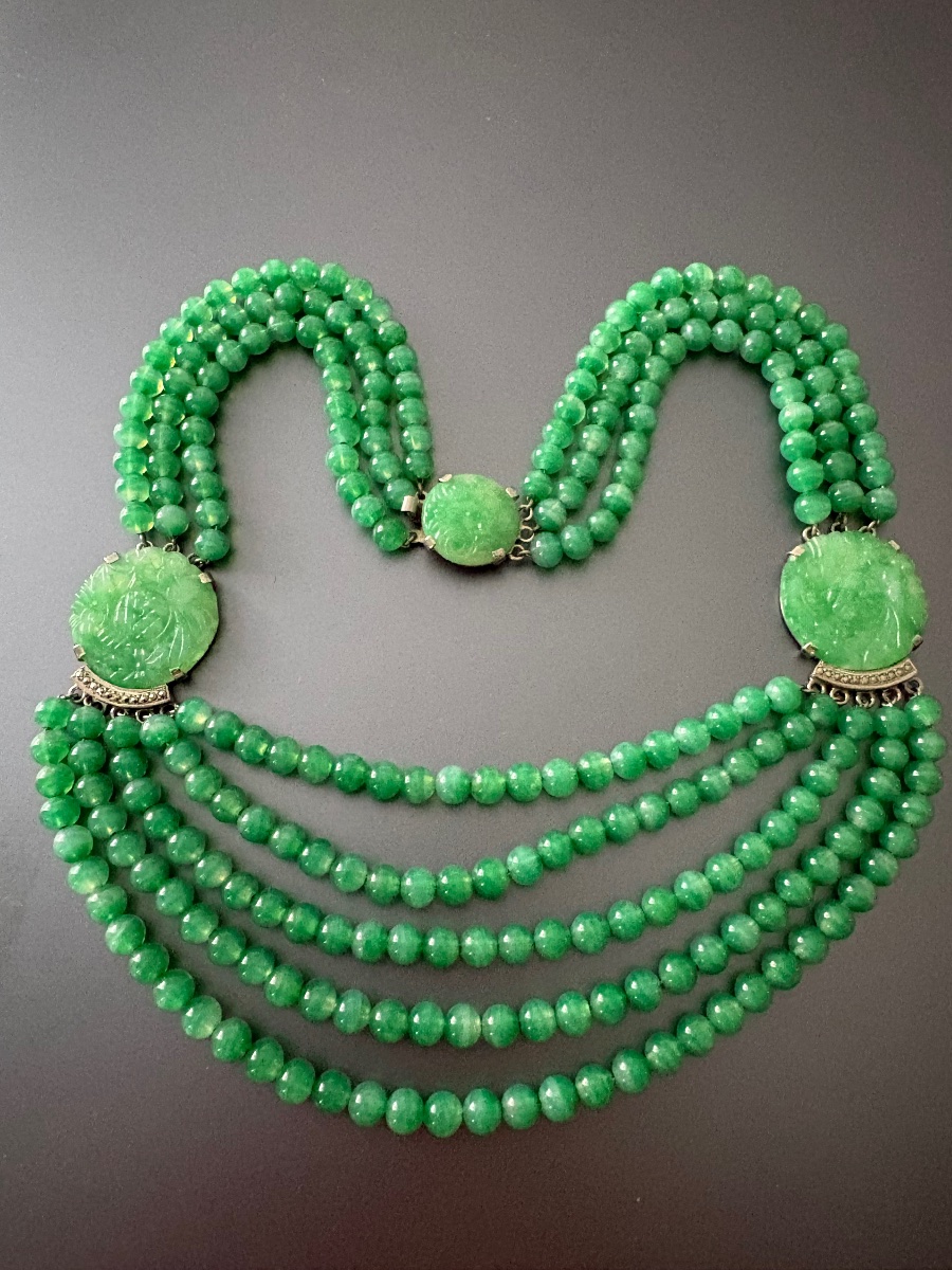Collier style Art Déco en métal et verre jade de Pékin.-photo-5