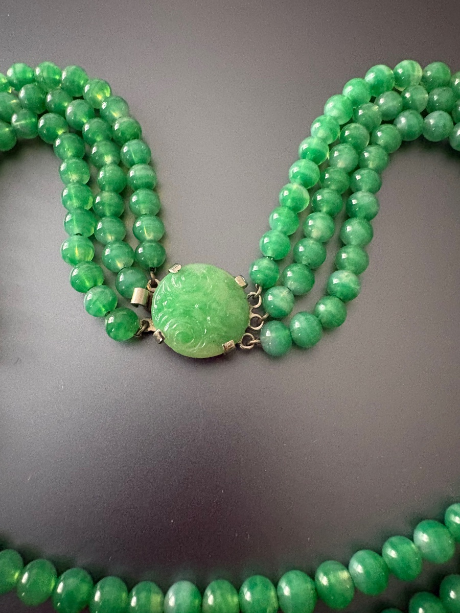 Collier style Art Déco en métal et verre jade de Pékin.-photo-6
