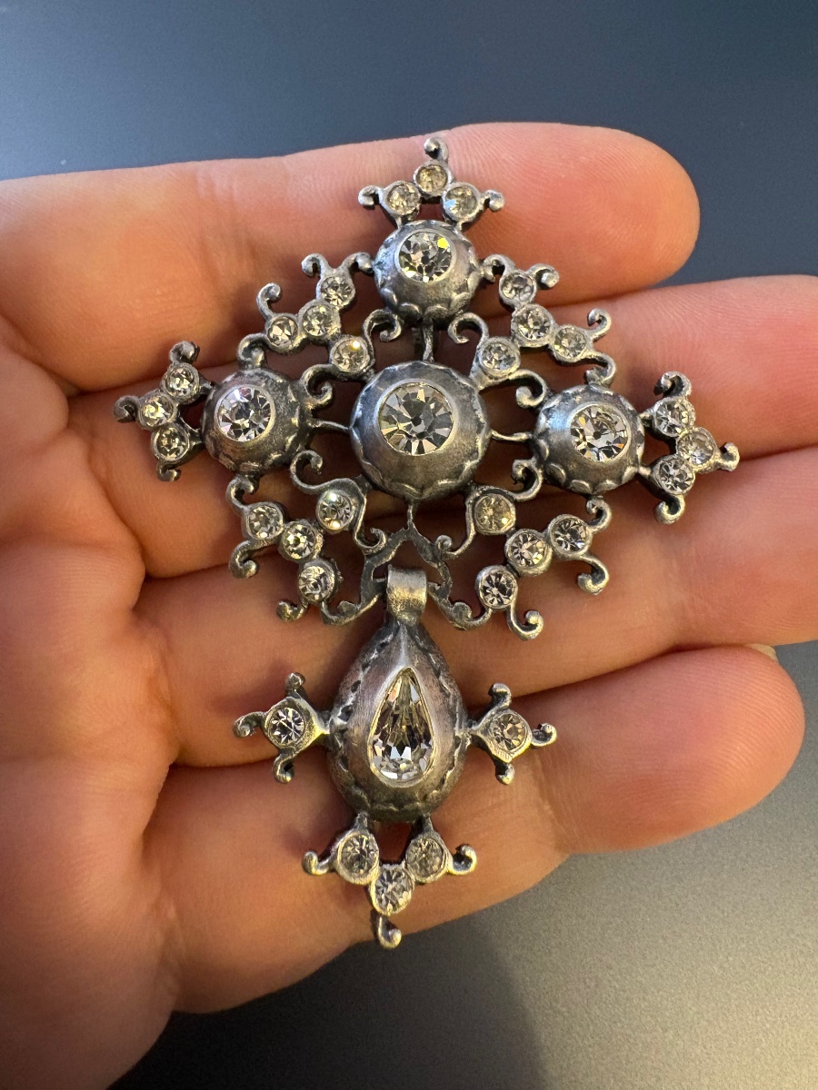 19th Century: Antique Saint-lo Cross (norman Cross) Made Of 800/1000 Silver And Adorned With Gemstones.-photo-2