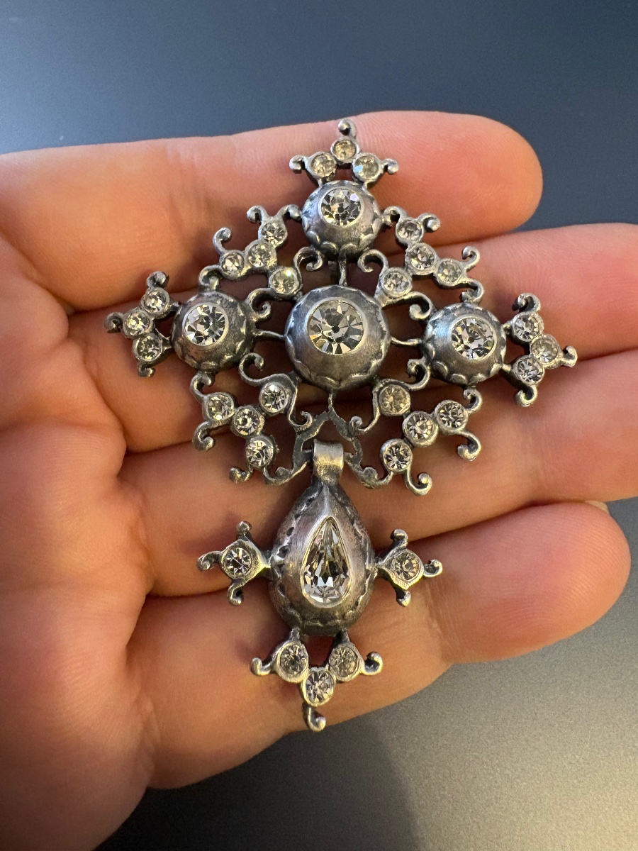 19th Century: Antique Saint-lo Cross (norman Cross) Made Of 800/1000 Silver And Adorned With Gemstones.-photo-3